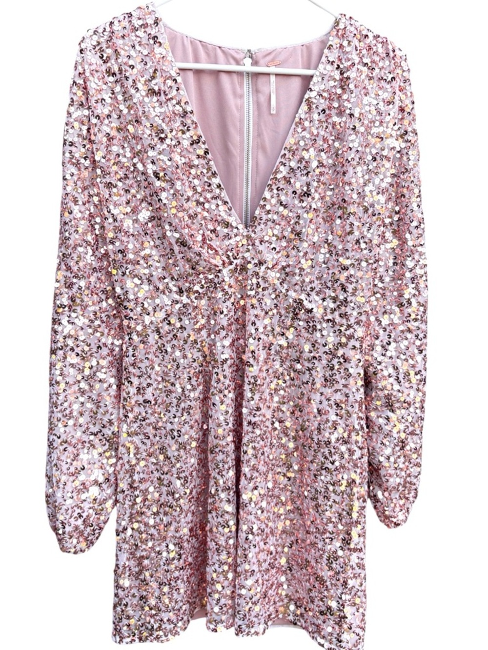 EUC Free People Dance All Night Sequined V Neck Puff Slv. Dress Rose Gold Small